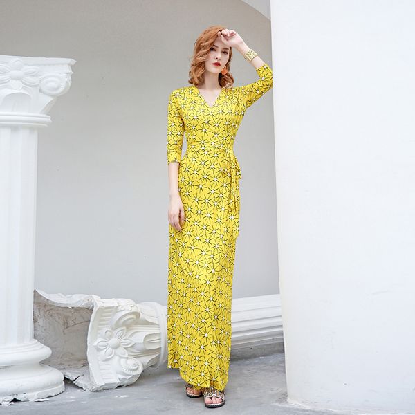 

dress slim and fashionable yellow sunflower print wrap skirt length, Black;gray