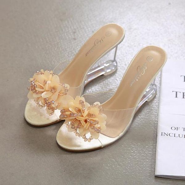 

summer transparent slippers women shoes peep toe clear crystal wedges high heels female slides flower sandals for womens, Black