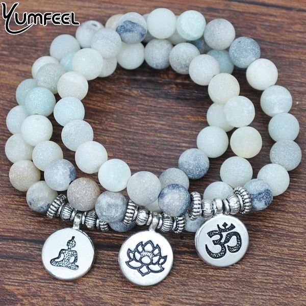 

yumfeel natural matte frosted ite stone bracelet om lotus flower buddha charm bracelet & bangles stone jewelry, Black