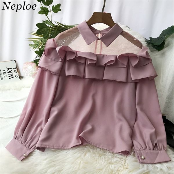 

neploe mesh see-through patchwork shirts turn-down collar solid ruffles blusas long sleeve autumn chiffon women blouse 68526, White
