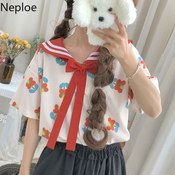 

neploe preppy style cute girls shirt japanese floral print pink blouse sailor collar shirts kimono loose women blouse 39344, White