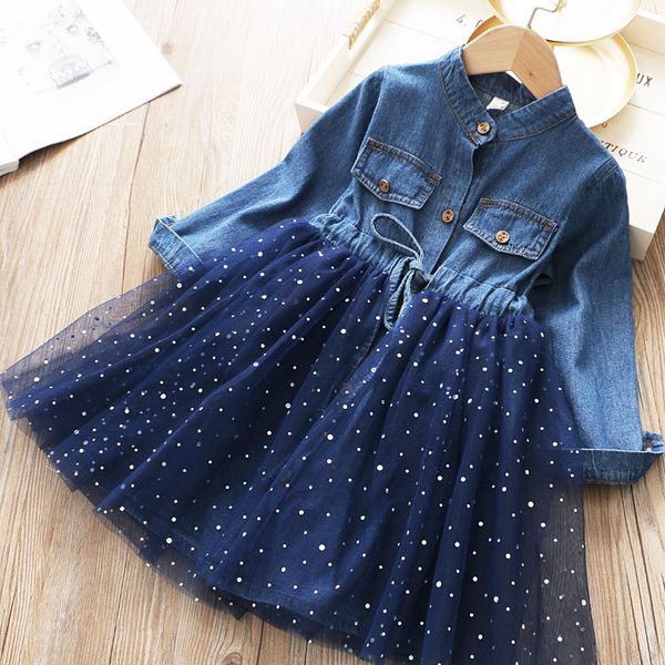 

оптовая звездное небо платье девушки 2020 sping новый стиль джинсовой fluffy с длинным рукавом платье детская одежда 2-6t e2121, Red;yellow