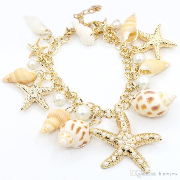 

charm bracelet ocean style multi starfish sea star conch shell simulated-pearl chain beach bracelet bangle, Golden;silver