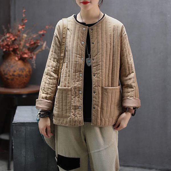 

women's trench coats 2021 arts style women long sleeve loose short coat vintage corduroy cotton padded autumn winter female jacket d573, Tan;black