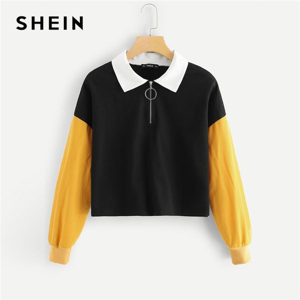 

shein multicolor casual colorblock o-ring zip half placket colorblock sweatshirt autumn minimalist fashion women sweatshirts, Black