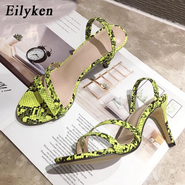 

eilyken women 7cm stiletto heels fashion prom dress fetish sandals female open toe gladiator shoes green serpentine pumps, Black