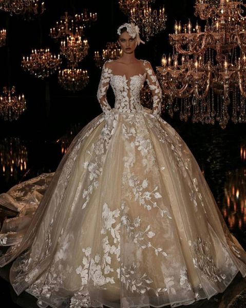 

vintage lace ball gown wedding dresses 2019 new illusion neck long sleeves arabic african vestido de novia appliqued bridal gowns, White