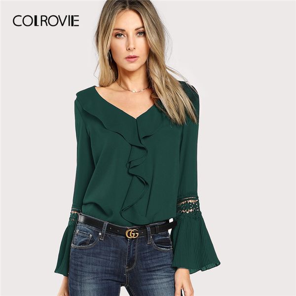 

colrovie green solid v neck lace insert pleated cuff elegant blouse women 2019 spring flounce sleeve ruffle office ladies, White