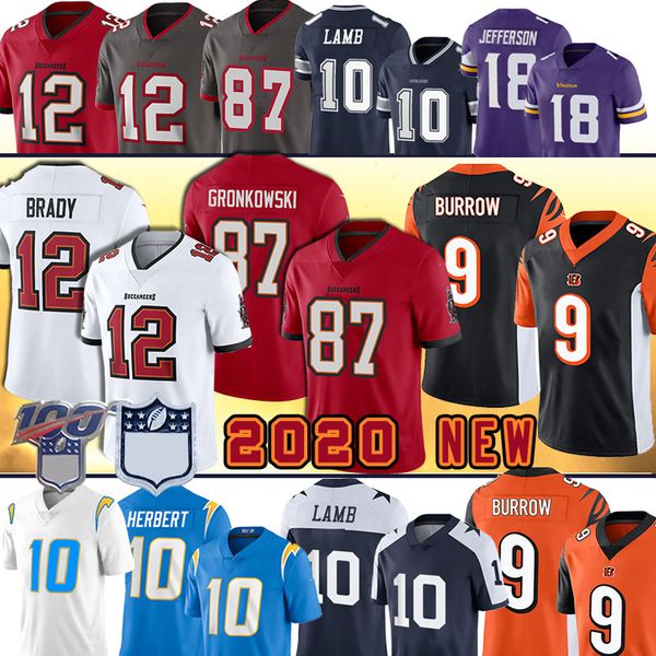 

cincinnati 9 joe burrow bengals jersey tampa bay 12 tom brady buccaneer rob gronkowski justin herbert ceedee lamb justin jefferson jerses, Blue;black
