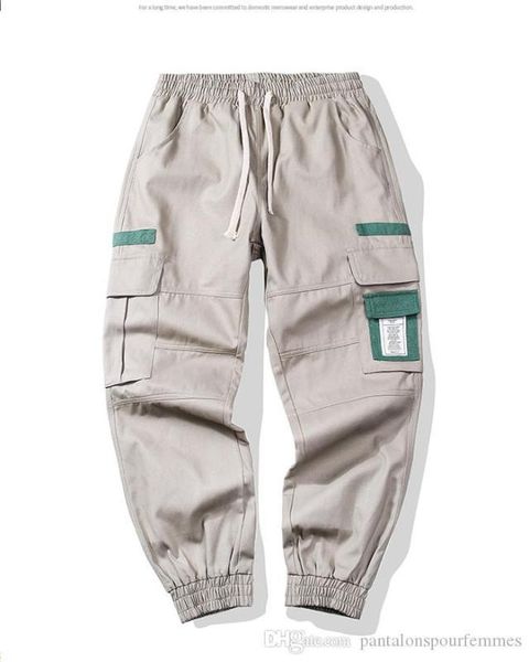 

loose contrast color lacing street style mens pants with multi legged pockets pants mens casual overalls, Black