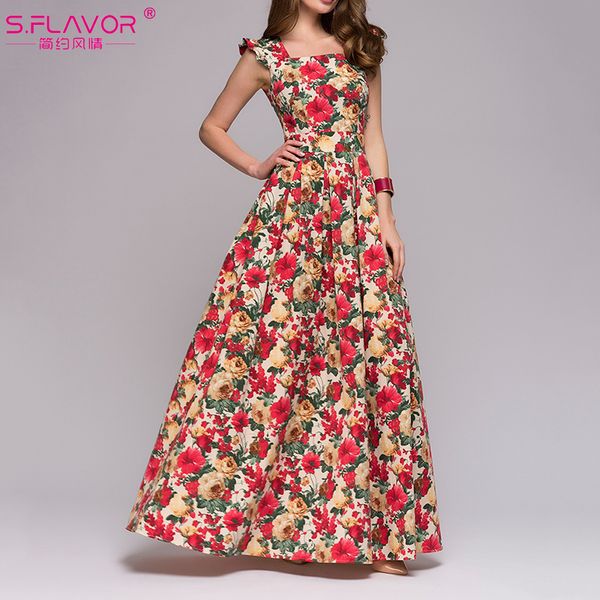 

woman printing party dress popular sleeveless square collar long vestidos women elegant autumn pleated dress, White;black