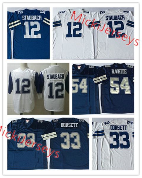 

mens ncaa # 12 роджер staubach vintage футбол джерси прошитой # 33 тони dorsett # 54 рэнди белый джерси s-3xl, Black;red