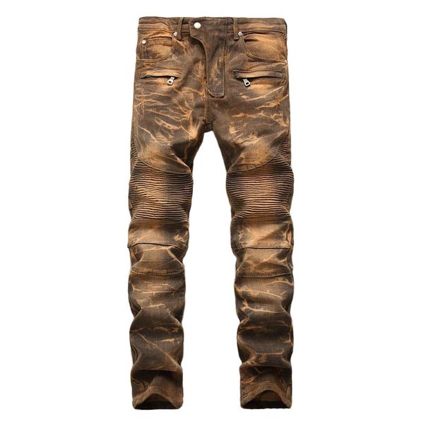 

men's jeans kiovno fashion men biker pleated pants motorcycle stragiht denim trousers for male washed, Blue