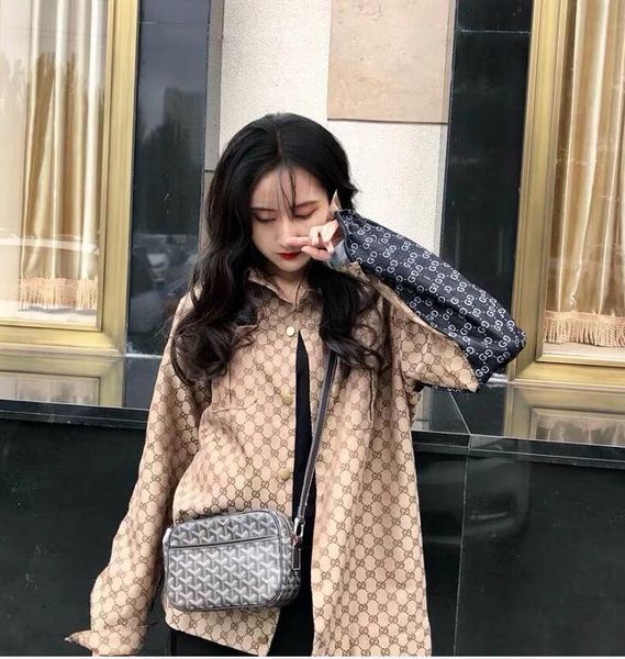 

web celebrity god gave vintaage a custom spoof logo denim jacquard shirt for men and women, a trendy street trend, Black;brown