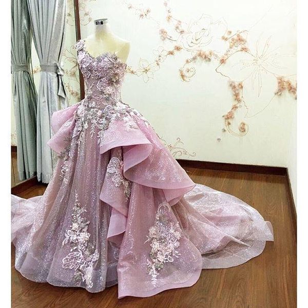 

Real image prom dre e with detachable train heer neck ruffle flower applique bead evening dre pring ummer cry tal pink party gown