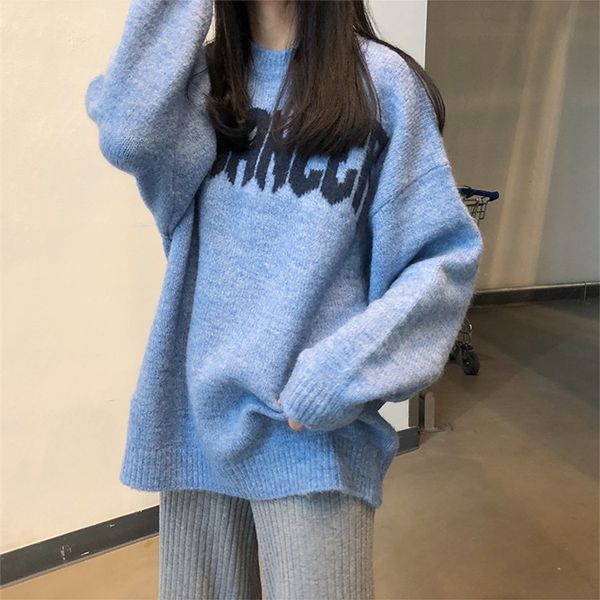 

autumn new korean embroidery letter women sweaters lazy wind loose wild letter round neck long sleeve female casual sweaters, White;black