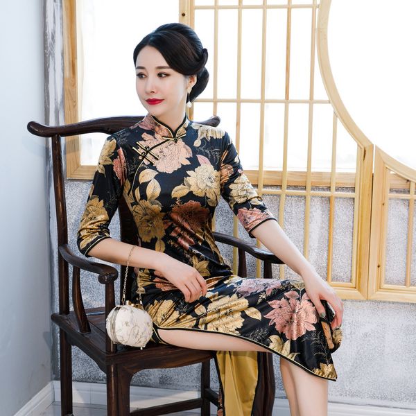 autumn winter cheongsam gold velvet fashion bronzing printed three quarter sleeve mother dress cheongsam classic modern qipao, Red