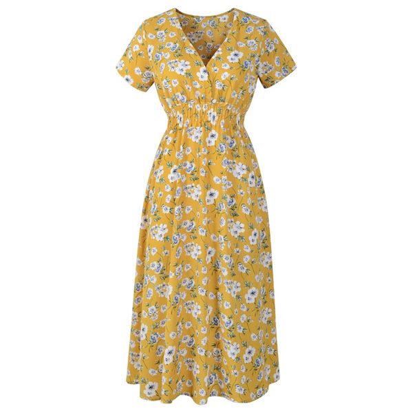 

women summer dress 2020 fashion floral print chiffon dress short sleeve v-neck boho beach casual yellow vestidos, Black;gray