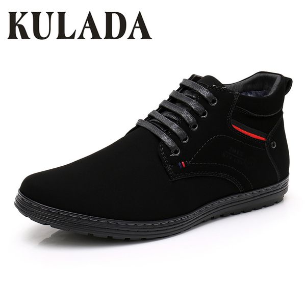 

kulada boots men warm winter shoes cow suede shoes thick fur snow ankle boots men lace up breathable casual, Black