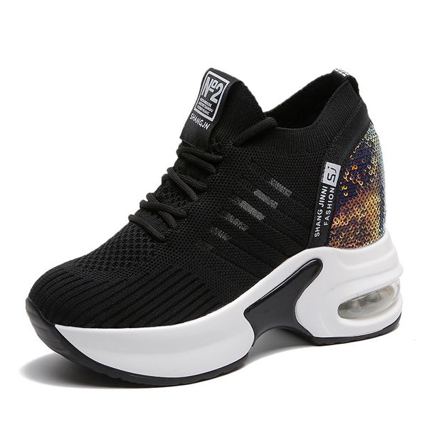 

flying knitting fashion sneakers women hide heels casual shoes breathable platform sneakers women mesh shoes wedge white shoes, Black