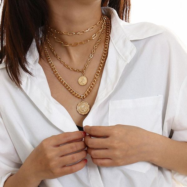 

new design metal human head chokers multi layers necklace women gold coin circle pendant necklace vintage chains, Silver