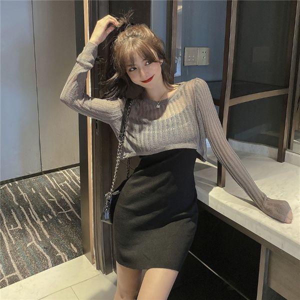 

2020 в начале осени новый стиль западный стиль высокая талия солнцезащитный с длинными рукавами трикотажные рубашки sexy ремень платье двухс, White;black