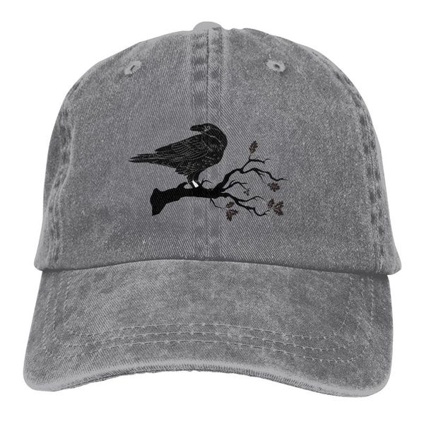 

cloches black crow sitting on branch of tree cotton pure color light board men's baseball cap stitching dad hat, Blue;gray