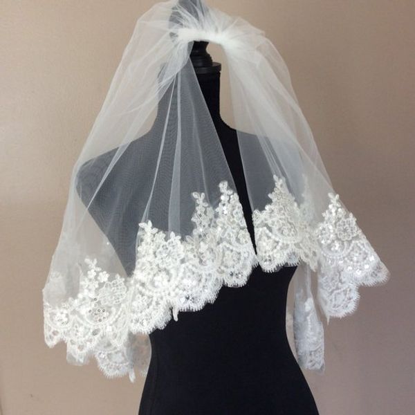 

2019 short wedding veils shoulder length white ivory bridal veils with comb 2 layers veu de noiva lace appliqued wedding veil, Black