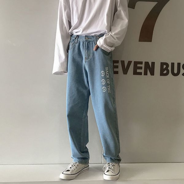

2020spring and summer new korean version of the youth popular printing loose large size jeans fashion casual wild straight pants, Blue