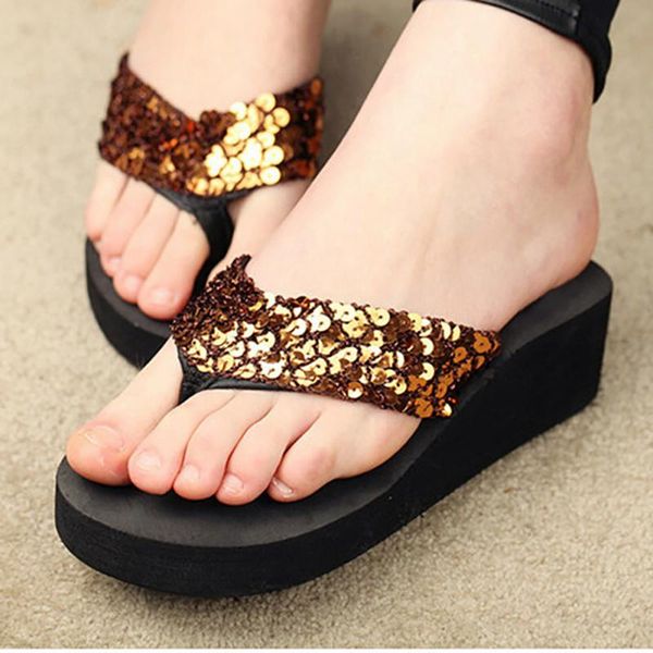 

sequins women casual shoes beach slippers flip flops platform women wedges girl fashion sandals, Black