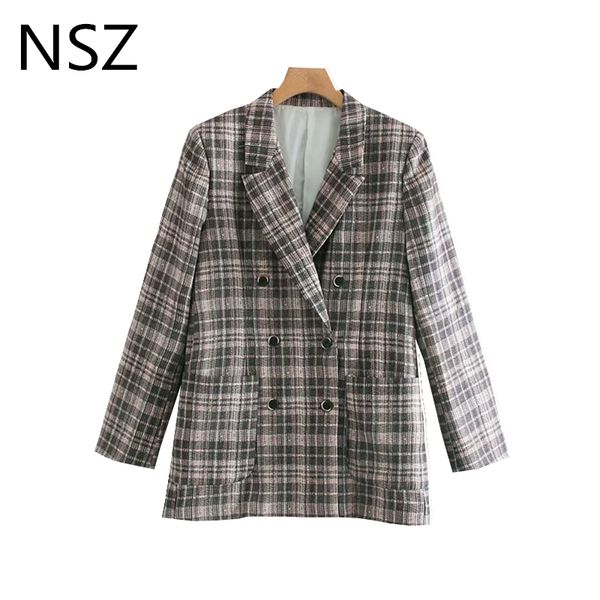 

nsz women vintage plaid blazer checked jacket office lady coat long sleeve double breasted pocket decoration outerwear, White;black