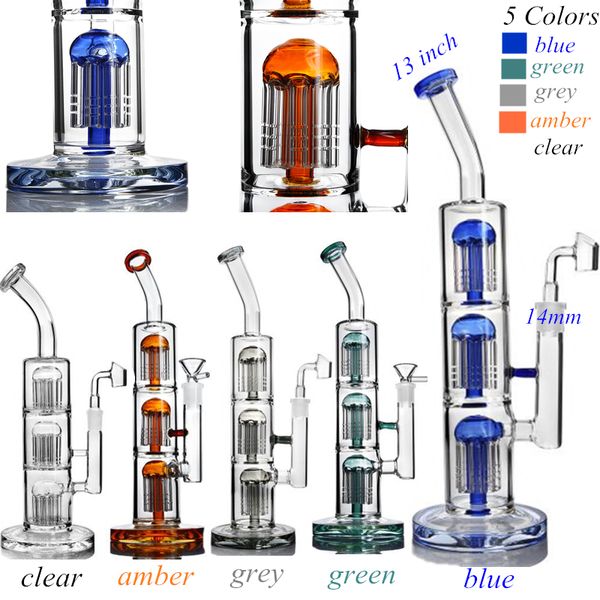 13 Inchs Recycler Dab Rig Alto Bong Heady Glass Water Bongs Três Árvores Perc Tubo de Água de Vidro com 14mm Junta Feminina