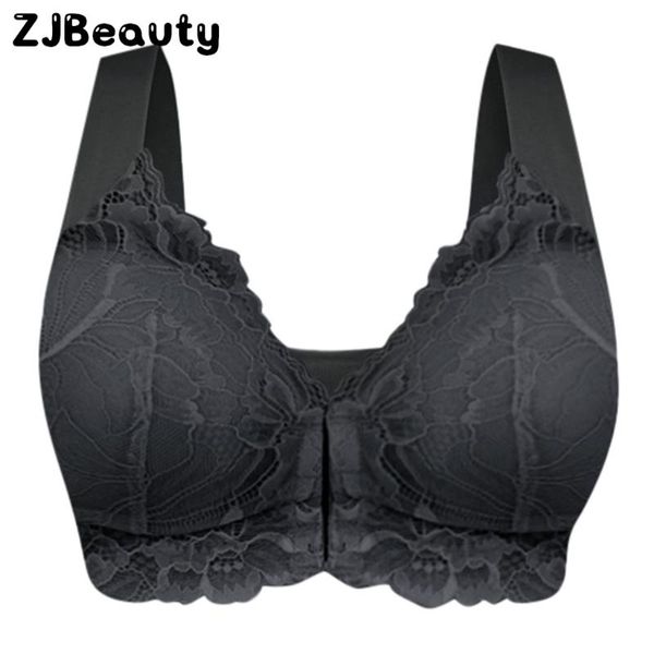 

large big size women adjustable solid bralette sports front closure extra-elastic breathable lace trim push up bra brassiere#p3, Red;black