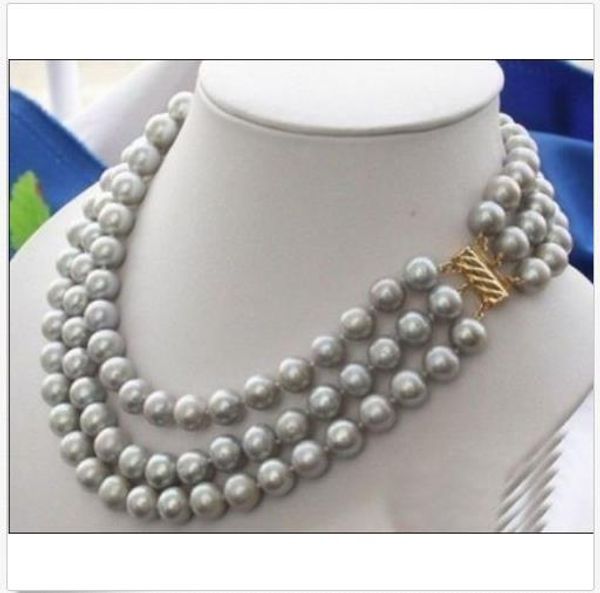

2019 triple strands 9-10mm natural south sea gray pearl necklace 18" 14k gold clasp, Silver