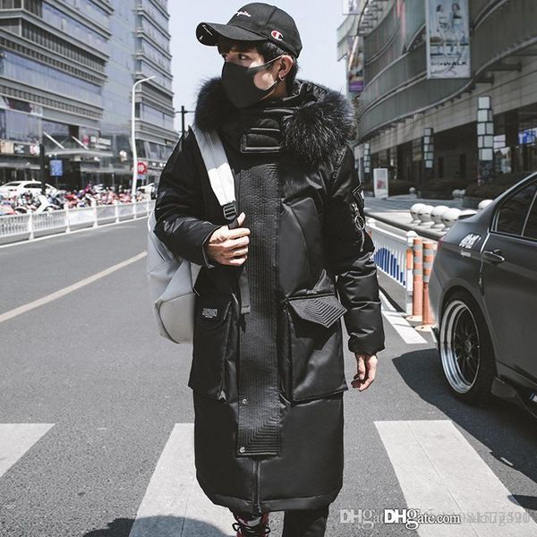 

19ss пуховик мужчины зима пара длинные вниз куртка женщин tide бренд мужской большой меховой воротник пуховая куртка мужская одежда размер s, Black