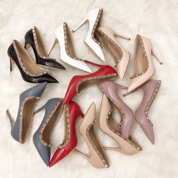 

classic designer fashion women stiletto black patent leather studded spikes point toe high heels women shoes pumps