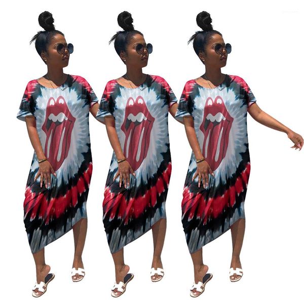 

tongue designer tie dyed dress summer casual loose long beach fashion dress short sleeved women big, Black;gray