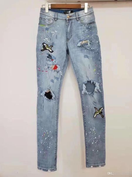 

falection 19fw usa fashion california amimike heron patch вышитые рваные лоскутные джинсовые джинсы, Blue
