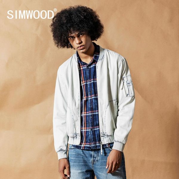 

simwood vintage washed denim bomber jacket men fashion baseball 100% cotton indigo coats brand clothing 190409, Black