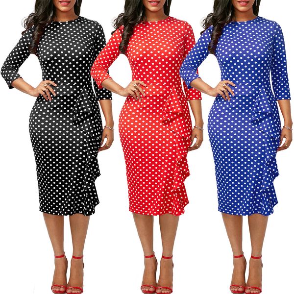 

european and american women's clothing polka dot dress long sleeve round neck dresses, White;black