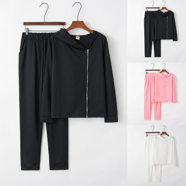 

ladies casual knitted suit women solid color hooded suit sweatshirt and pant tracksuit sport suit2019#3, White