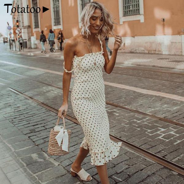 

summer polka dot print sundress women spaghetti strap chiffon pleated midi dress long ruffles ruched bodycon vestidos, Black;gray