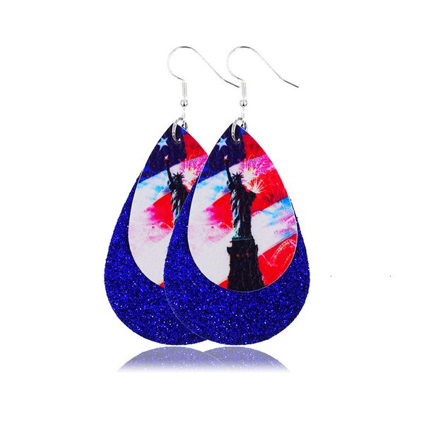 

2020 fashion design double layer pu leather earring united states flag teardrop printing dangle earring for independence day women jewelry, Silver