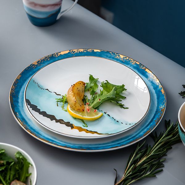 

gold ceramic plate tableware home decoration porcelain plate dish cake pastry fruit cake plate rice soup bowl tea water mug cup