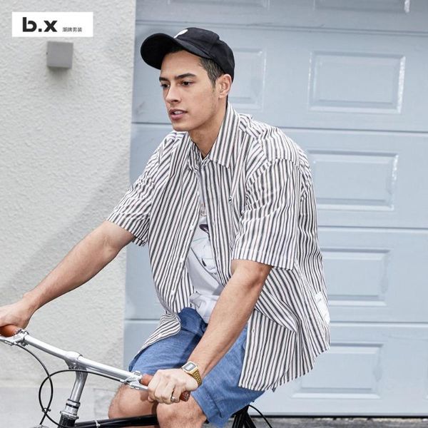 

б.x полосатая рубашка с коротким рукавом мужчины корейский тренд красивый свободный xl куртка gang feng лето), половина рукава рубашки, White;black