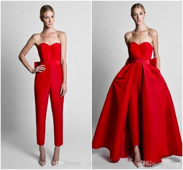 

red jumpsuits formal evening dresses with detachable skirt sweetheart prom dresses party wear pants for women custom made, Black;red