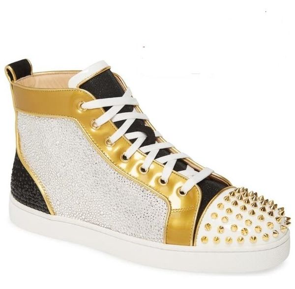 

gold spikes + rhinestone high red bottom shoes for men women red sole casual walking lace up trainer flat, Black