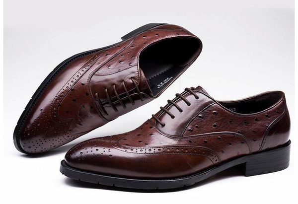 

Men Bullock carved formal shoes 2 colour pointed toe lace up falt Oxfords Genuine leather party wedding shoes