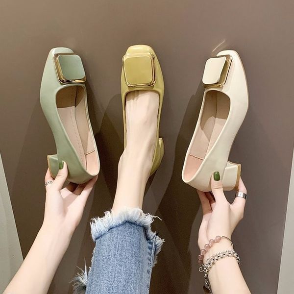 

2020 new women shoes woman pumps square buckle casual shoes slip on shallow solid thick high heels fashion work ladies, Black