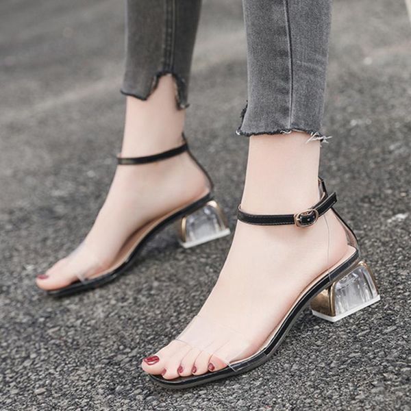

2019 new fashion women summer sandals pvc middle heel square party round toe shoes zapatos de mujer sandalias mujer #g4, Black